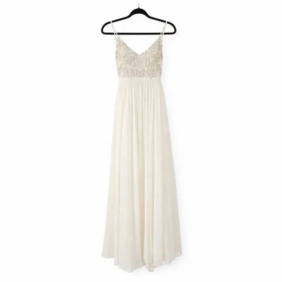 Raga Womens Beige Beaded V Neck Embellished Boho Elegant Maxi Dress M - Picture 2 of 9